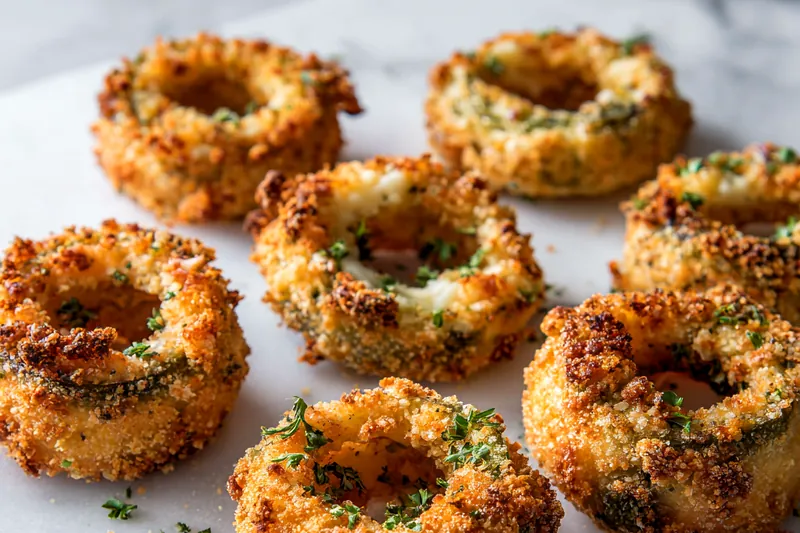 Frying jalapeño popper stuffed onion rings in hot oil