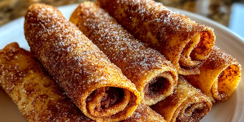 A plate of golden brown Quick Air Fryer Cinnamon Rolls drizzled with icing, garnished with a sprinkle of cinnamon.