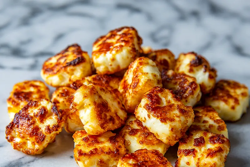 Crispy halloumi bites being removed from the air fryer