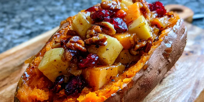 A beautifully plated dish of Cozy Apple Stuffed Sweet Potatoes garnished with walnuts and cranberries.