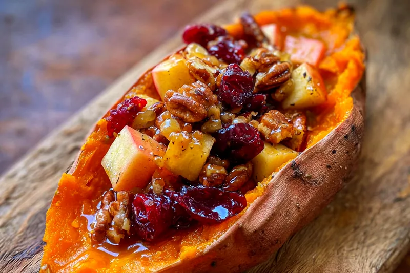 Colorful array of ingredients for Cozy Apple Stuffed Sweet Potatoes including sweet potatoes, apples, and walnuts.