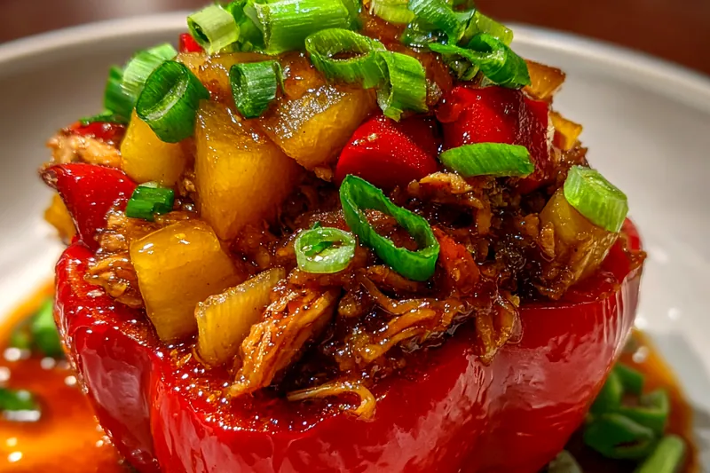 Fresh ingredients for Asian stuffed peppers including bell peppers, mushrooms, carrots, scallions, soy sauce, and Asian condiments