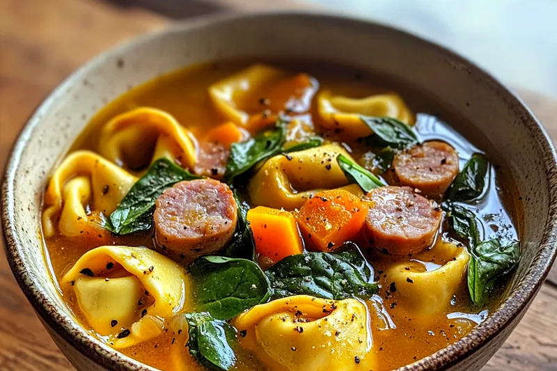 A pot of Cozy Autumn Tortellini Soup simmering on the stove, bubbling gently.