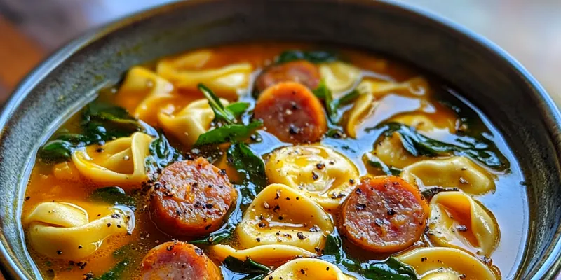 A steaming bowl of Cozy Autumn Tortellini Soup garnished with fresh herbs and cheese.