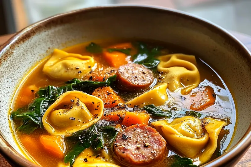 Fresh ingredients laid out for Cozy Autumn Tortellini Soup, including tortellini, spinach, and herbs.