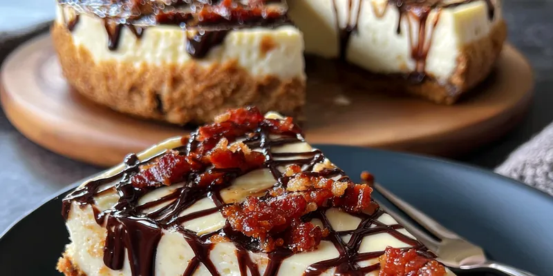 Delicious Bacon Chocolate Caramel Cheesecake served on a plate
