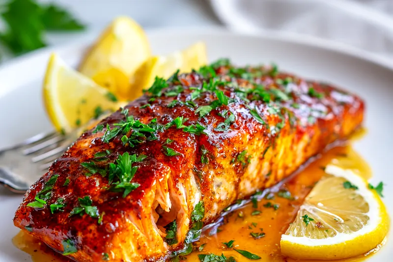 Fresh ingredients for Baked Cajun Salmon including salmon fillet, spices, and vegetables