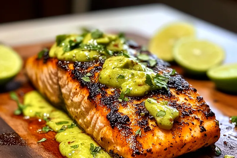 Fresh ingredients for Spicy Cajun Salmon Delight, including salmon fillets and spices arranged on a wooden table.