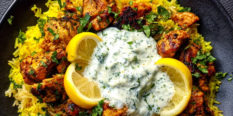 Delicious Baked Chicken Tzatziki Rice served on a plate
