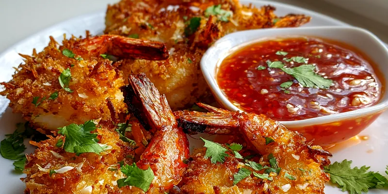 Delicious baked coconut shrimp plated with sweet chili mayo