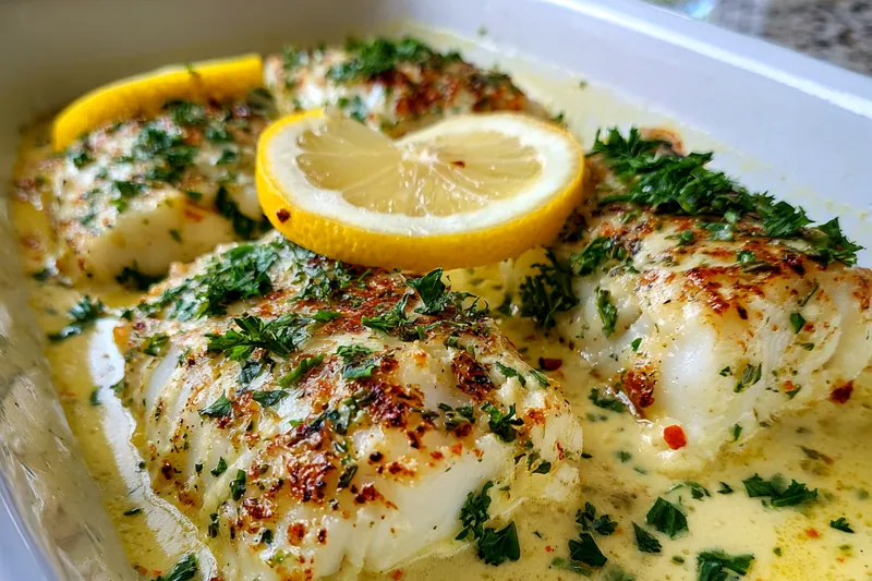 Chef Mitchell stirring the coconut lemon sauce in a skillet alongside perfectly cooked cod fillets.