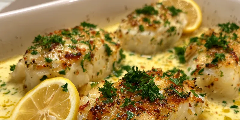 Plate of Cod with Coconut Lemon Sauce garnished with cilantro, served with jasmine rice and lemon wedges.