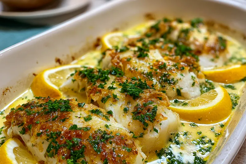 Fresh ingredients displayed for Cod with Coconut Lemon Sauce, including cod fillets, lemons, and coconut milk.