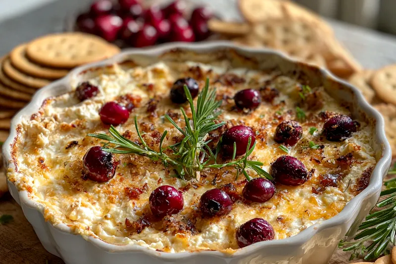 A close-up of Creamy Cranberry Cheese Dip being served, showcasing its rich texture and garnishes.
