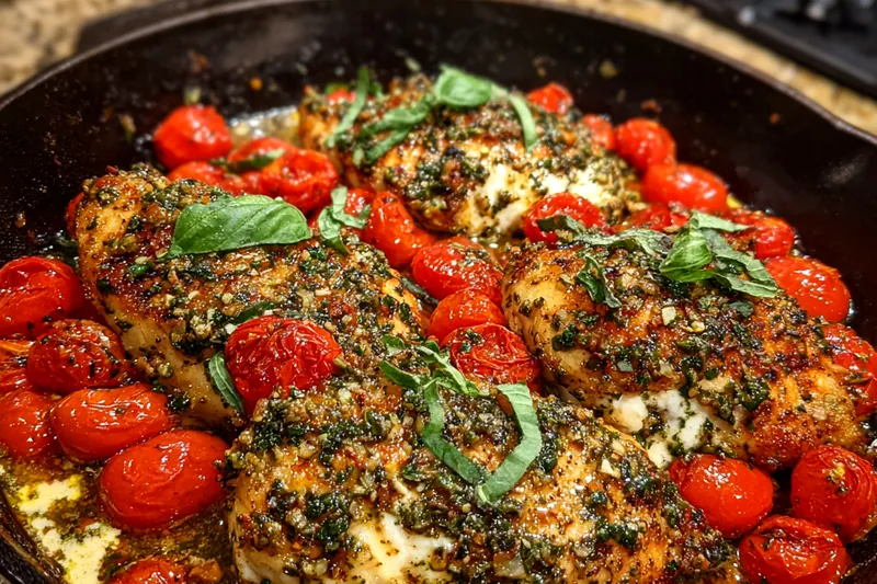The process of preparing Savory Baked Feta Chicken Delight in the kitchen, showcasing the chicken being seared and ingredients combined.