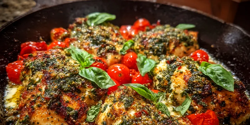 A beautifully plated Savory Baked Feta Chicken Delight with vibrant tomatoes and fresh herbs.