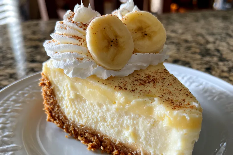 A step-by-step photo collage showing the stages of preparing the Delicious Banana Cream Cheesecake.
