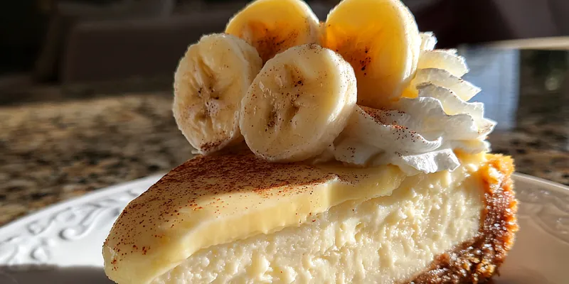 A slice of Delicious Banana Cream Cheesecake with banana slices and chocolate shavings on top.