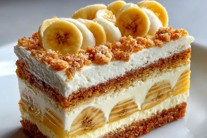 A beautifully finished Banana Delight Layered Cake with whipped cream frosting, topped with banana slices and chocolate chips, ready to be served.
