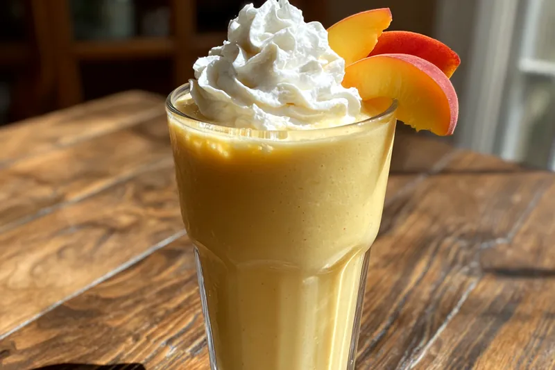 A colorful display of fresh bananas, peaches, and yogurt ingredients for Refreshing Banana Peach Delight.