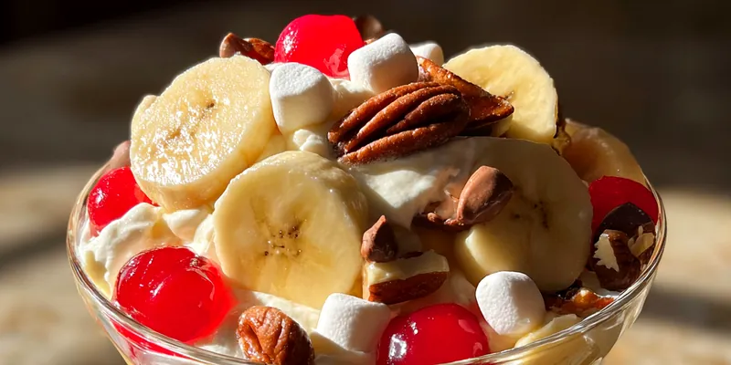 Delicious Banana Split Fluff served on a plate