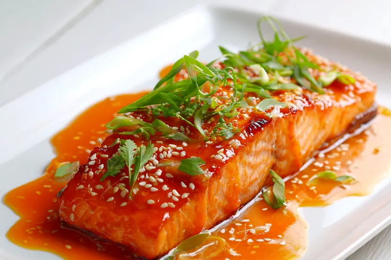 Salmon baking in the oven with sauce on top