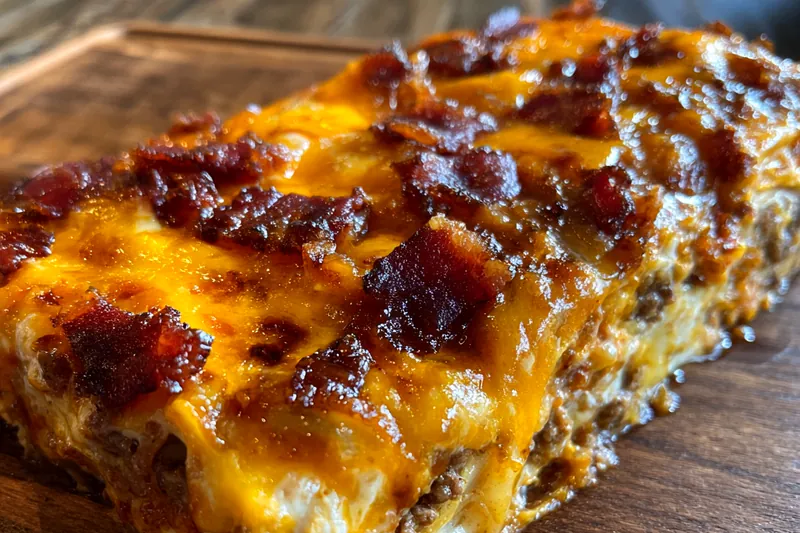 A step-by-step process of layering ingredients in Savory Bacon Cheeseburger Lasagna, showcasing the preparation stages.