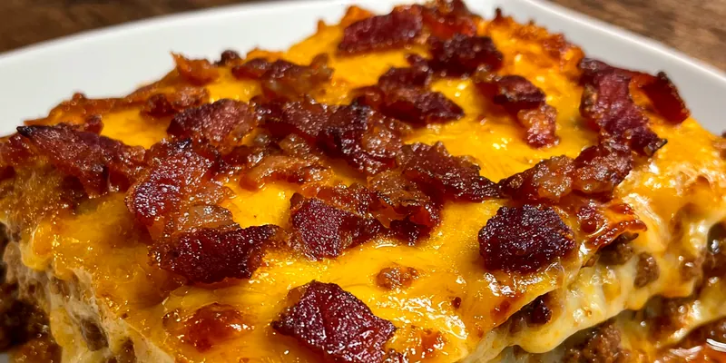 A delicious serving of Savory Bacon Cheeseburger Lasagna layered with cheese and bacon, garnished with parsley.