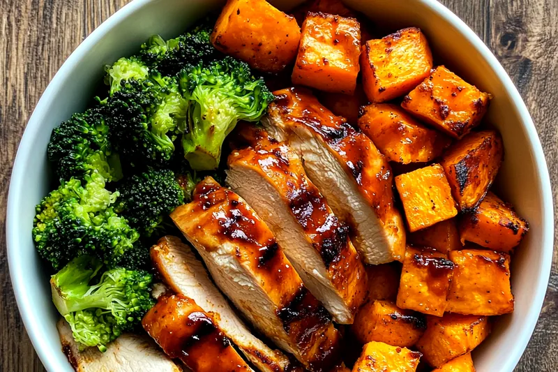 The cooking process of BBQ Chicken and Sweet Potatoes, showing chicken sizzling in a skillet with sweet potatoes bubbling.