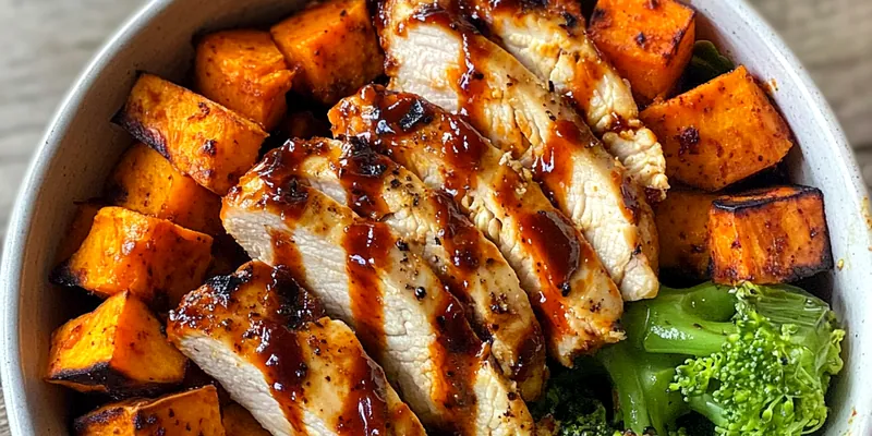 A vibrant plate of BBQ Chicken served with sweet potatoes, garnished with fresh parsley.