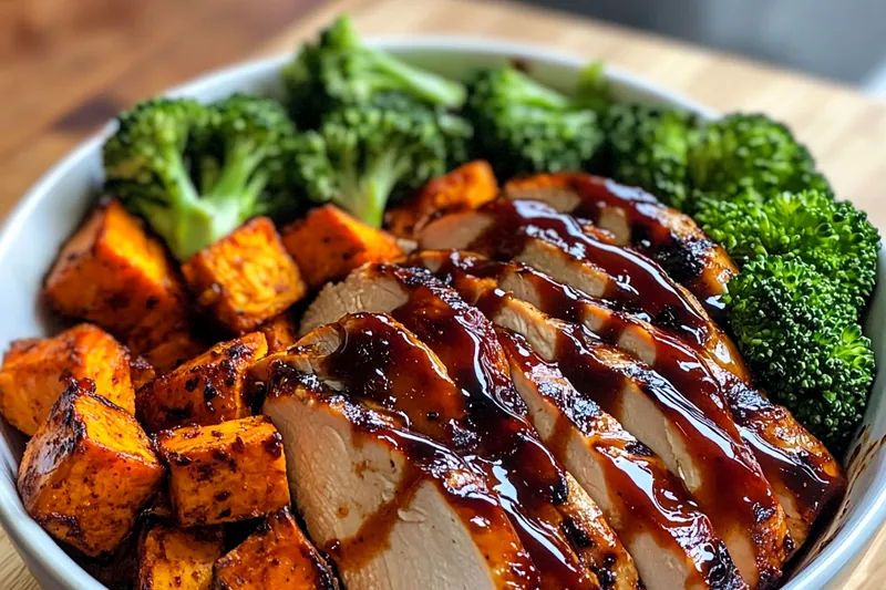 A colorful array of ingredients for BBQ Chicken and Sweet Potatoes, including chicken, sweet potatoes, and spices.