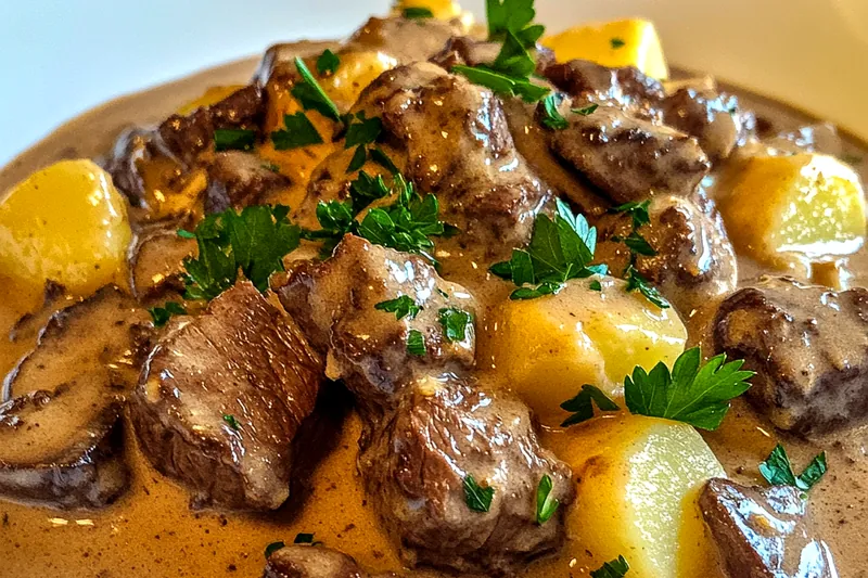 Chef stirring the creamy beef stroganoff in a skillet, showcasing the cooking process.