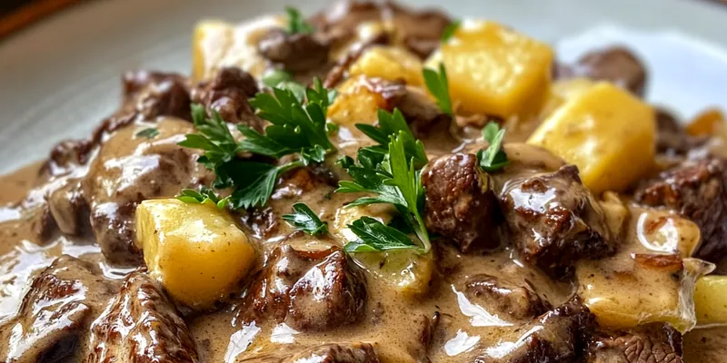A beautifully plated serving of Creamy Beef Stroganoff Delight with noodles, mushrooms, and fresh herbs.