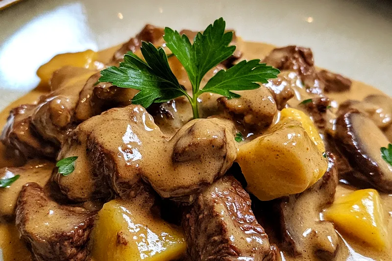 Photo showcasing fresh ingredients for Creamy Beef Stroganoff Delight, including beef, mushrooms, and noodles.