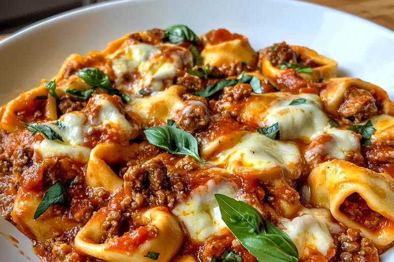 The preparation process of cooking Hearty Beef Tortellini Bake with bubbling sauce and melting cheese.