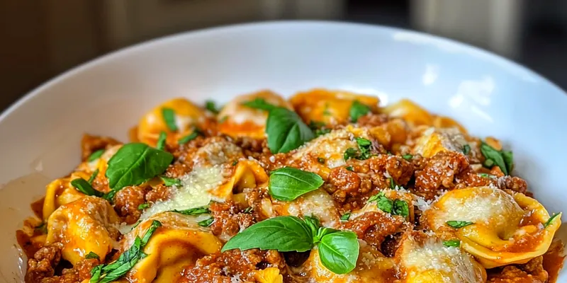 A delicious serving of Hearty Beef Tortellini Bake topped with melted cheese and fresh basil.