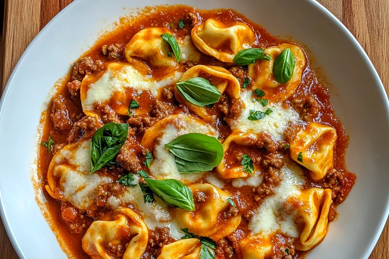 An arranged selection of ingredients for Hearty Beef Tortellini Bake including beef, pasta, and fresh herbs.