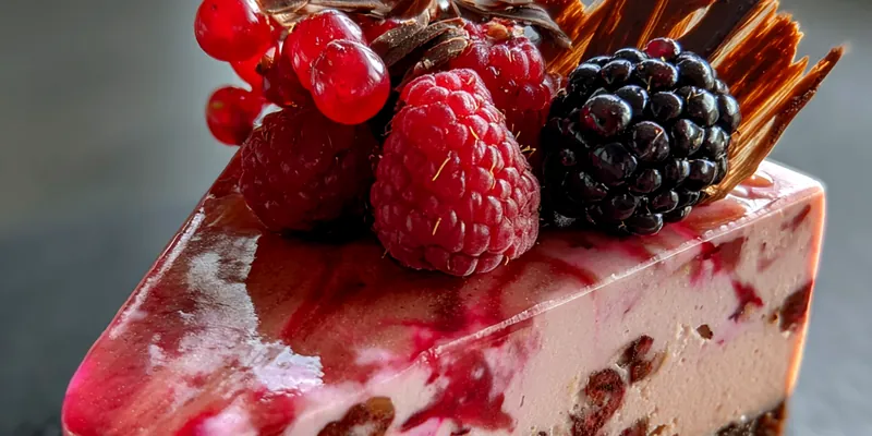 A beautifully plated Berry Chocolate Delight with fresh berries and chocolate