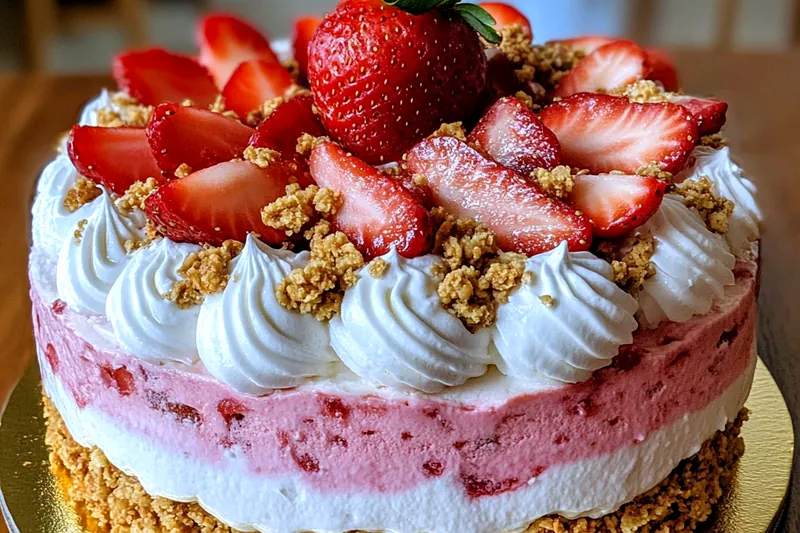 A step-by-step visual of the cooking process for Strawberry Crunch Cheese Cake, showcasing the mixing and baking stages.