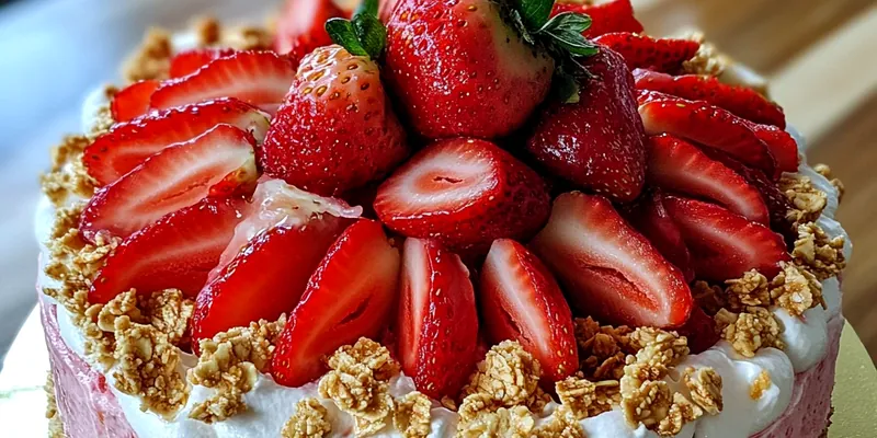 A beautifully plated Strawberry Crunch Cheese Cake topped with fresh strawberries and coconut flakes, served on a decorative plate.