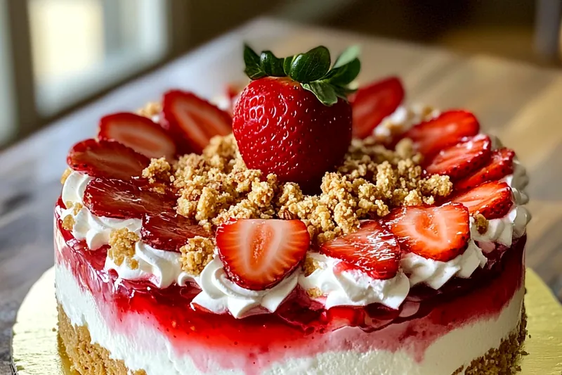 A selection of ingredients laid out for making Strawberry Crunch Cheese Cake, including strawberries, cream cheese, and graham crackers.