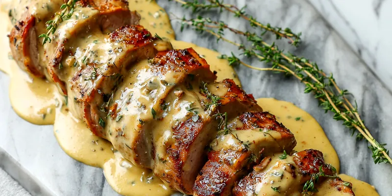 Plate of pork tenderloin with creamy Dijon sauce garnished with parsley