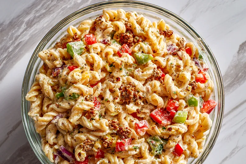 Colorful ingredients ready for Big Mac Pasta Salad