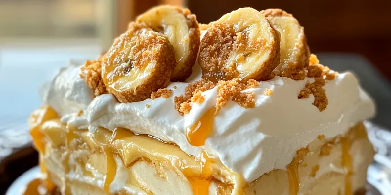 A beautiful serving of Decadent Biscoff Banana Delight topped with caramel and walnuts, showcasing its creamy layers.