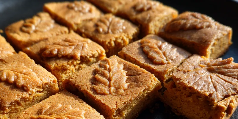 A plate of warm Delicious Biscoff Blondies topped with a drizzle of Biscoff spread.