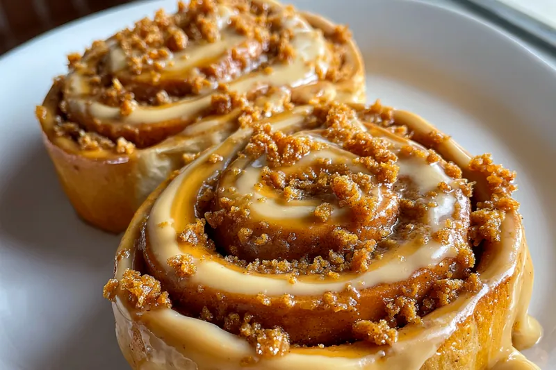 Close-up of Decadent Biscoff Cinnamon Rolls baking in the oven, showcasing their golden-brown tops.