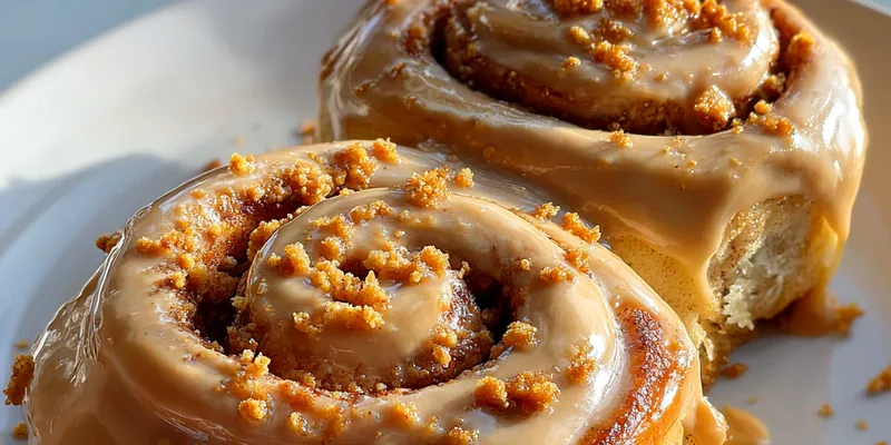 A warm batch of Decadent Biscoff Cinnamon Rolls drizzled with icing, served on a rustic wooden table.