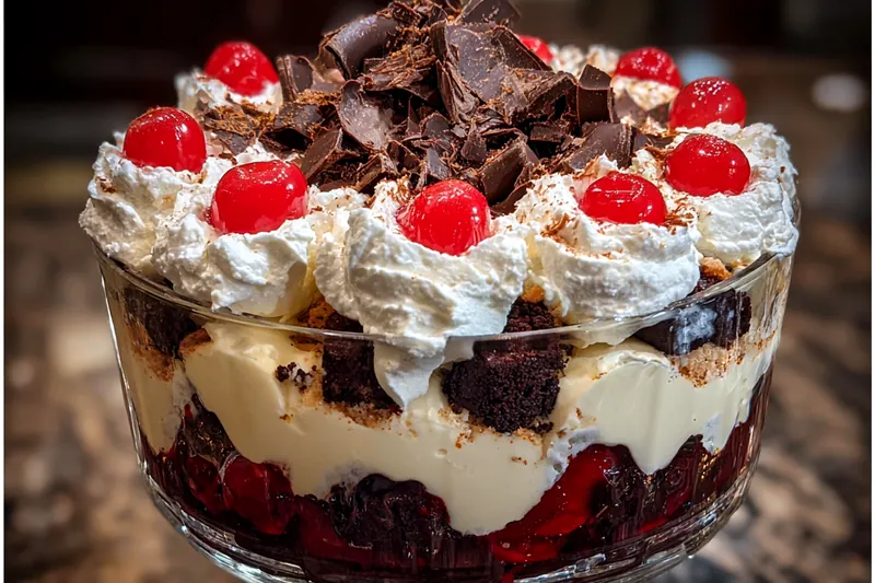 A step-by-step visual of assembling the Decadent Black Forest Trifle, showcasing the delightful layers.