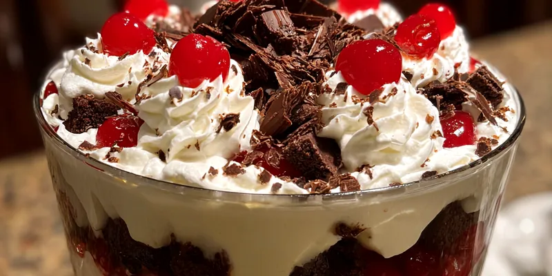 A stunning presentation of Decadent Black Forest Trifle in a glass dish, showcasing layers of chocolate, cherries, and whipped cream.