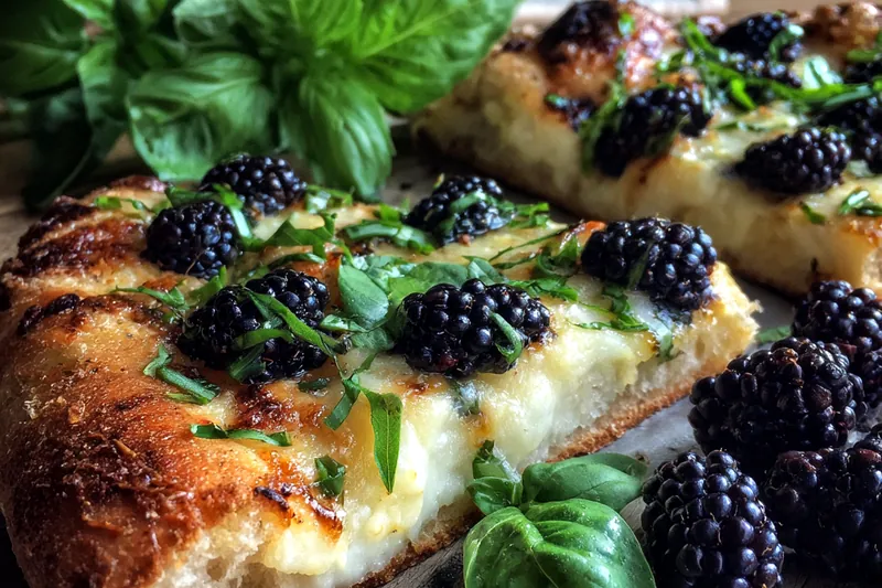 Fresh ingredients for Blackberry Basil Ricotta Pizza